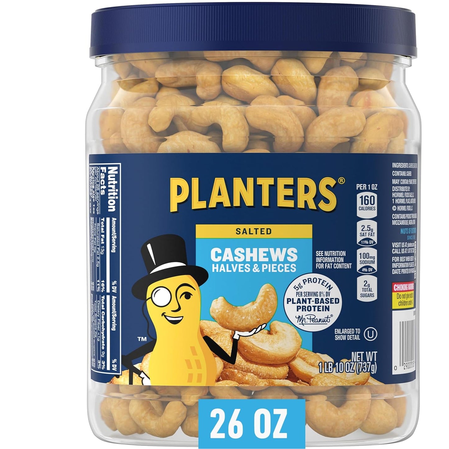 PLANTERS Fancy Whole Cashews with Sea Salt - 26 Oz Resealable Jar, Kosher, Good Source of Nutrients