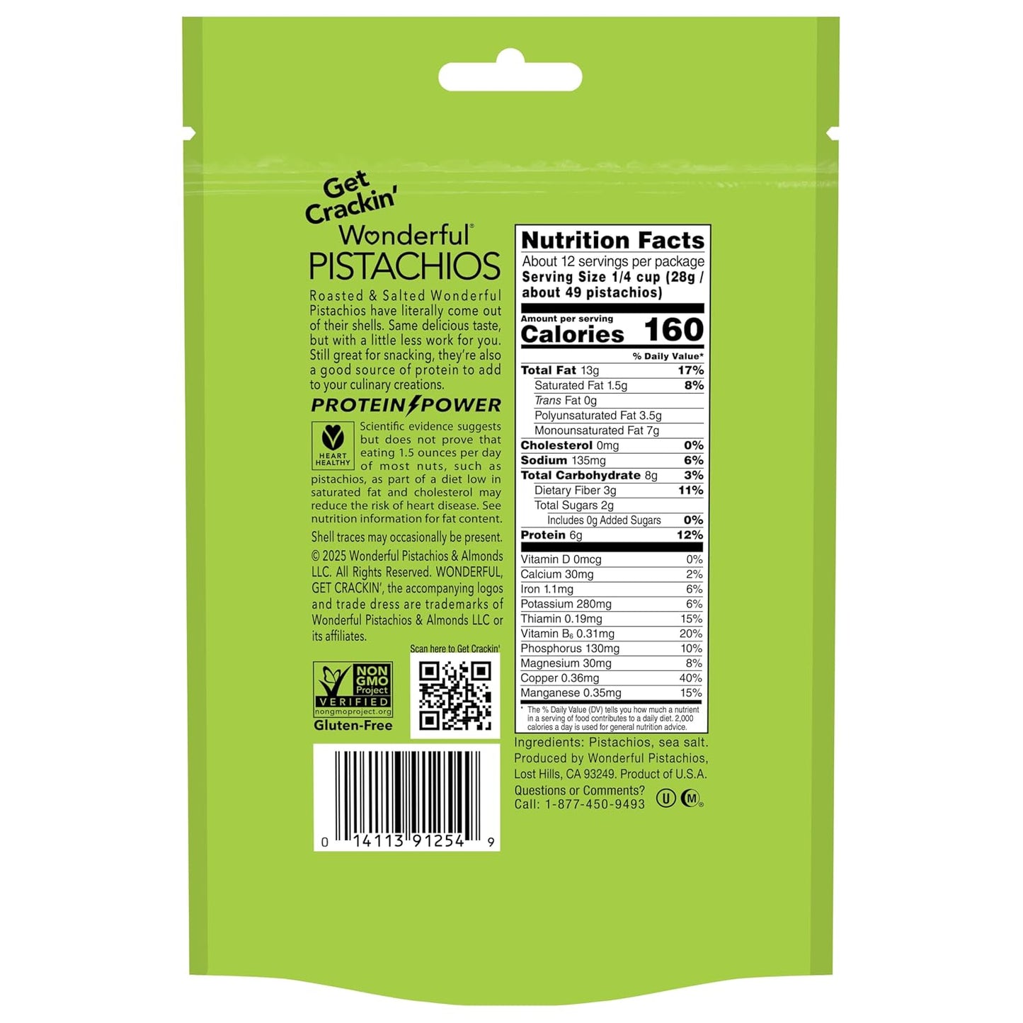Wonderful Pistachios No Shells, Roasted & Salted Nuts, 12 Oz Resealable Bag, Protein Snack