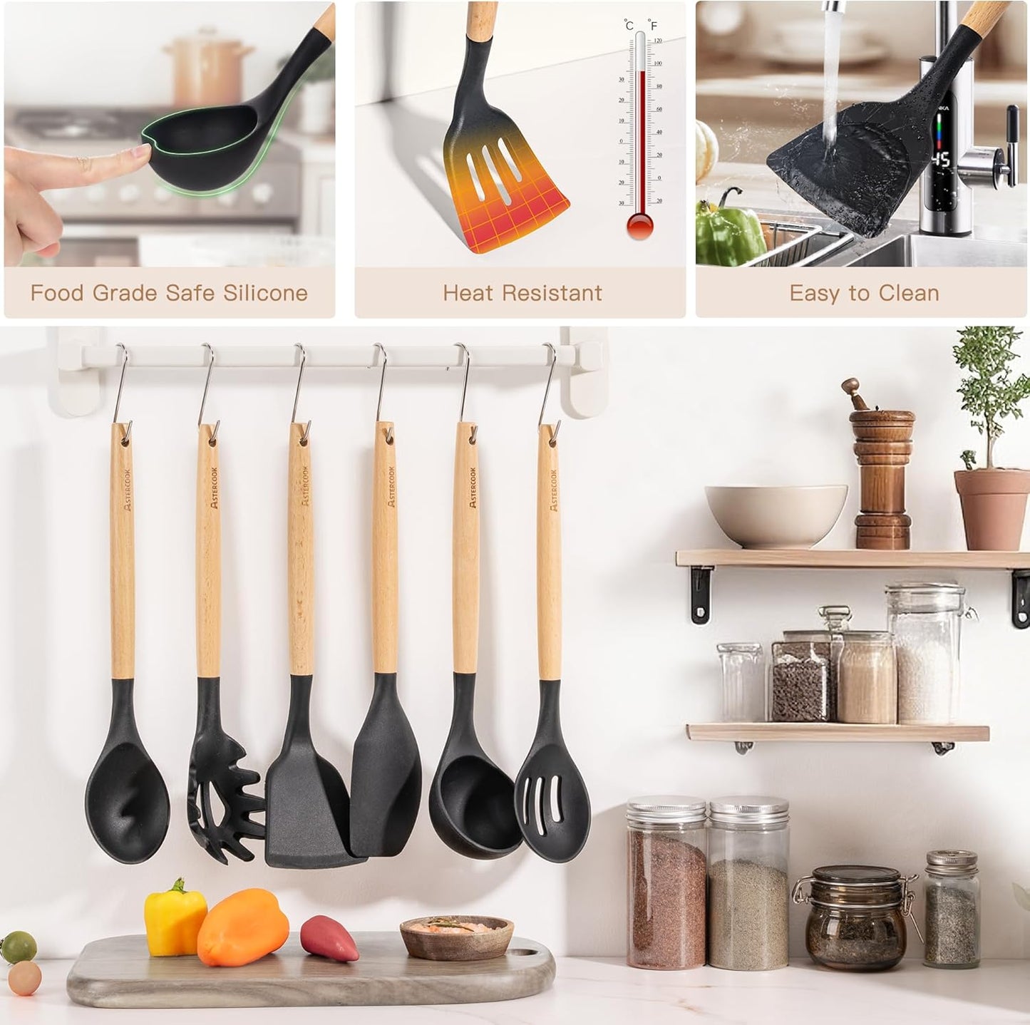 Astercook 39 PCS Kitchen Utensils Set, Silicone Cooking Utensil Sets with Wooden Handle, 446°F Heat Resistant Food Grade Spatula Set, BPA Free Kitchen Gadgets Tools Set & Spoons for Nonstick Cookware