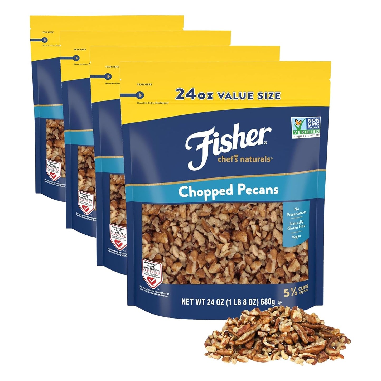 Fisher Chef's Naturals Pecan Halves 24 oz Resealable Bag, Unsalted Raw Nuts