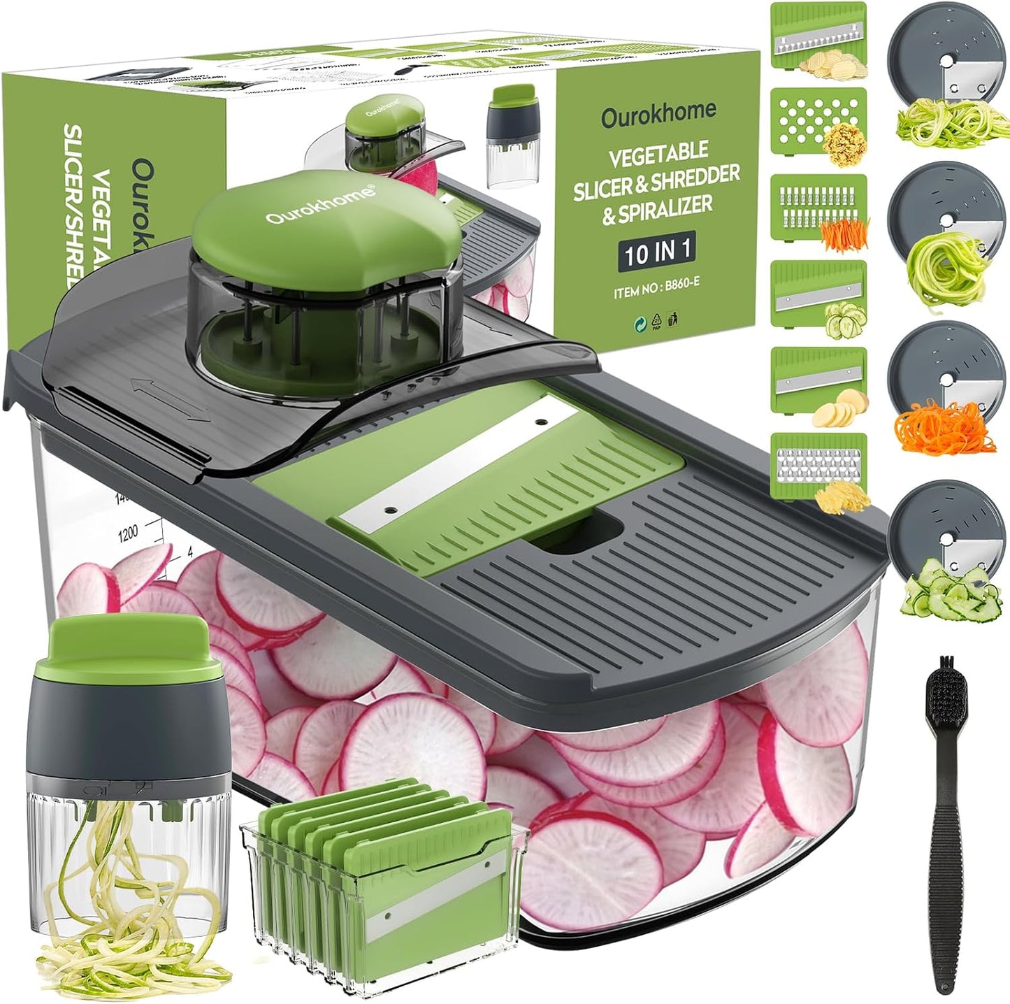 Ourokhome Mandolin Slicer for Kitchen Food, Hand Safe Vegetable Shredder with 6 Mandoline Blades, Veggie Waffle Cutter for Potato, Carrot, Zucchini, Onion, Essential Kitchen Gadgets (6 in 1, Gray)