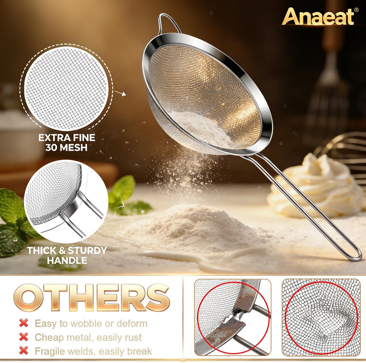 Anaeat Fine Mesh Strainers - Premium Stainless Steel Colander Sieve Sifters, with Durable Mesh and Sturdy Handle, Excellent for Sifting Dry ingredients, Flour, Pastas, Rice, Tea (3.15"+5.5"+7.87")