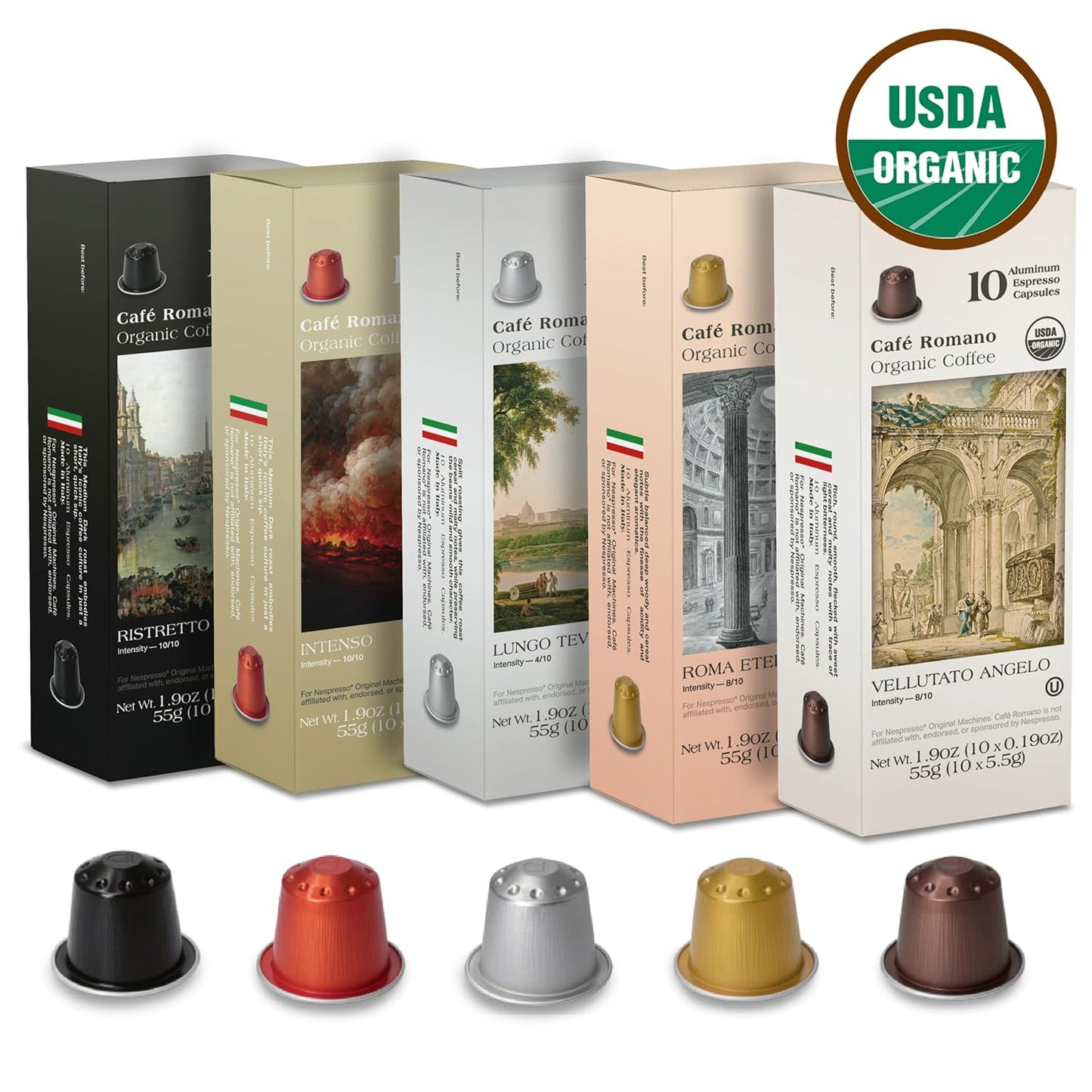 Organic USDA Café Romano Coffee Aluminum Espresso Pods Variety Pack for Nespresso Original Machine
