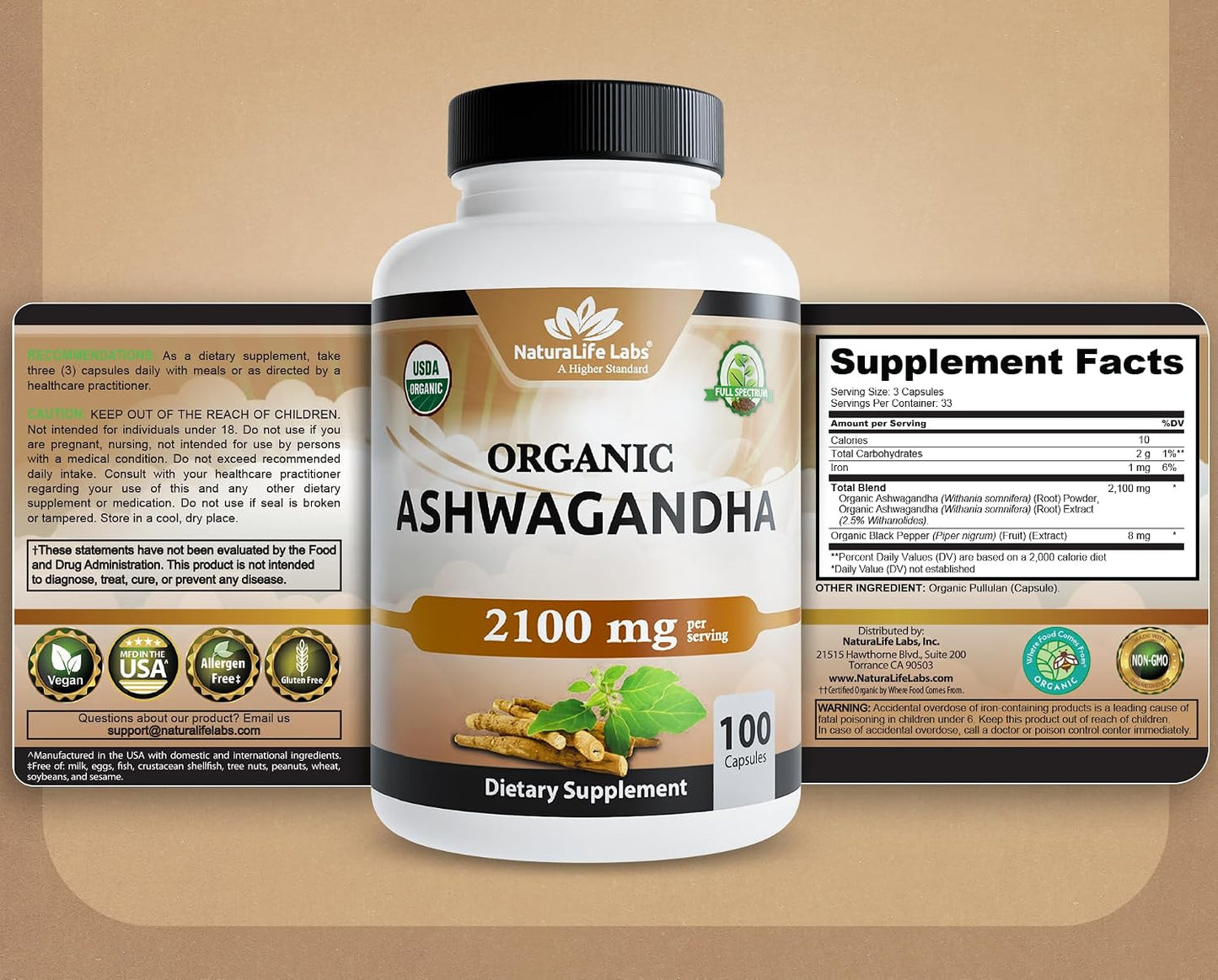 NaturaLife Labs Organic Ashwagandha 2100 mg per Serving – Full Spectrum Root Powder and Standardized Extract (Withanolides) – 100 Capsules – Vegan – Non-GMO, Gluten-Free