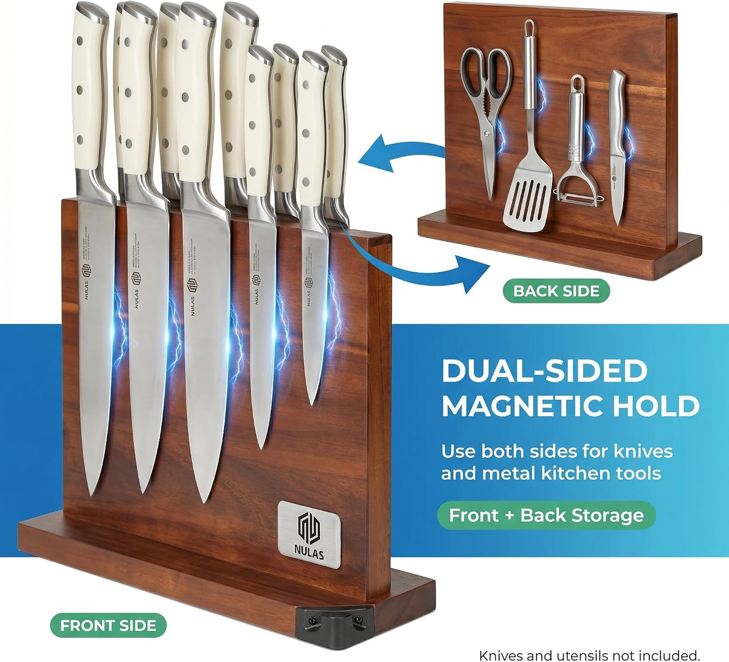 Magnetic Knife Block with Built-in Sharpener, Double-Sided Countertop Magnetic Knife Holder, Holds Up to 12 Knives & Metal Kitchen Tools, Brown