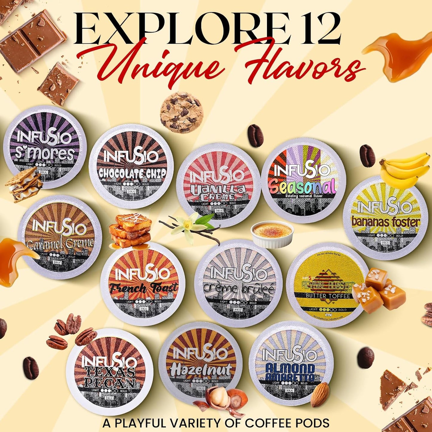 InfuSio Flavored Coffee Pods Variety Pack, 96 Count, 12 Medium Roast Blends, Compatible with Keurig K-Cup 2.0 Brewers