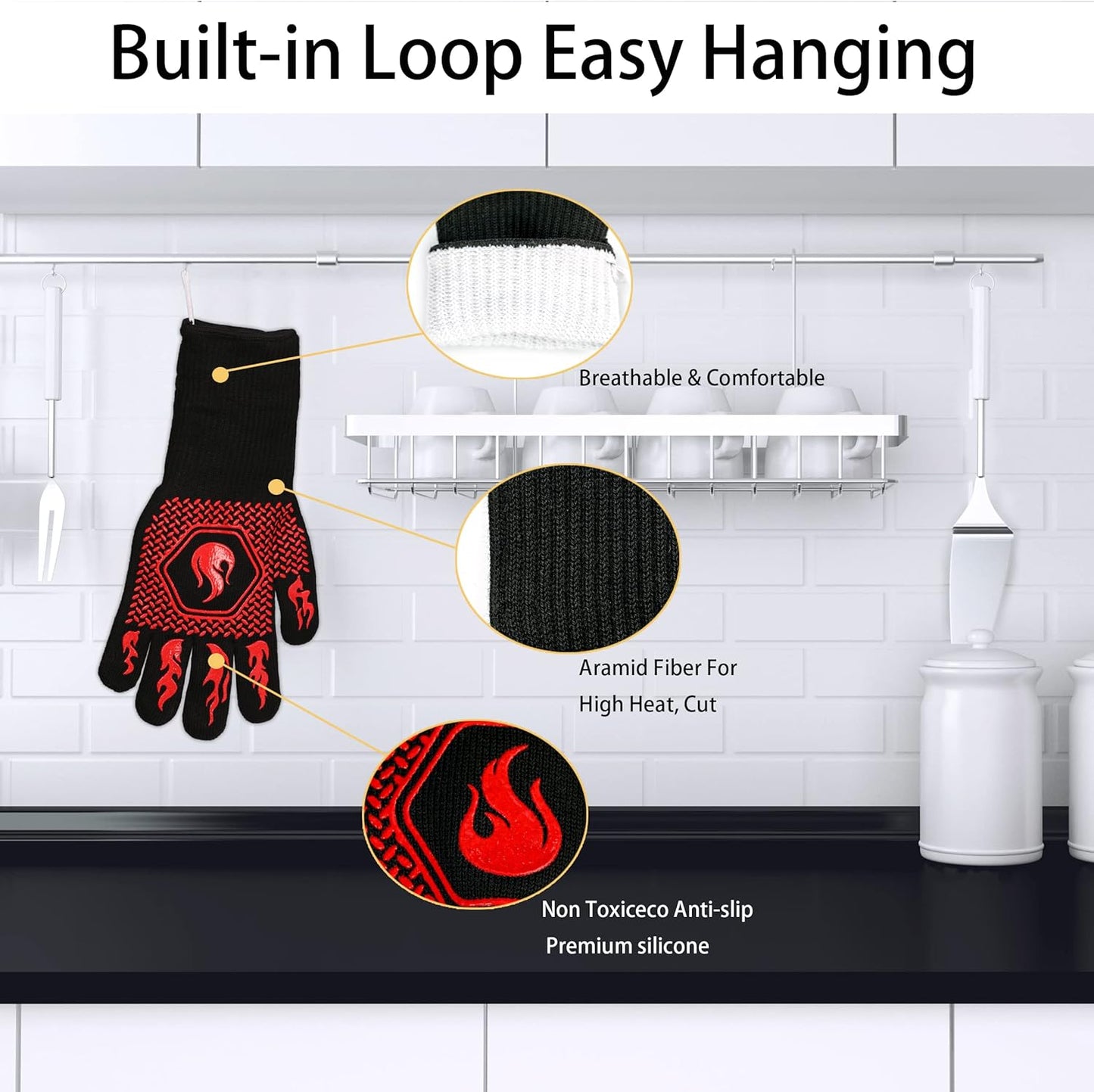 BBQ Gloves 1472F Heat Resistant Non-Slip Silicone 13.8in (Red) | Grill Cut-Resistant, Oven Kitchen Safe for Barbecue, Cooking, Frying, Oven Mitts