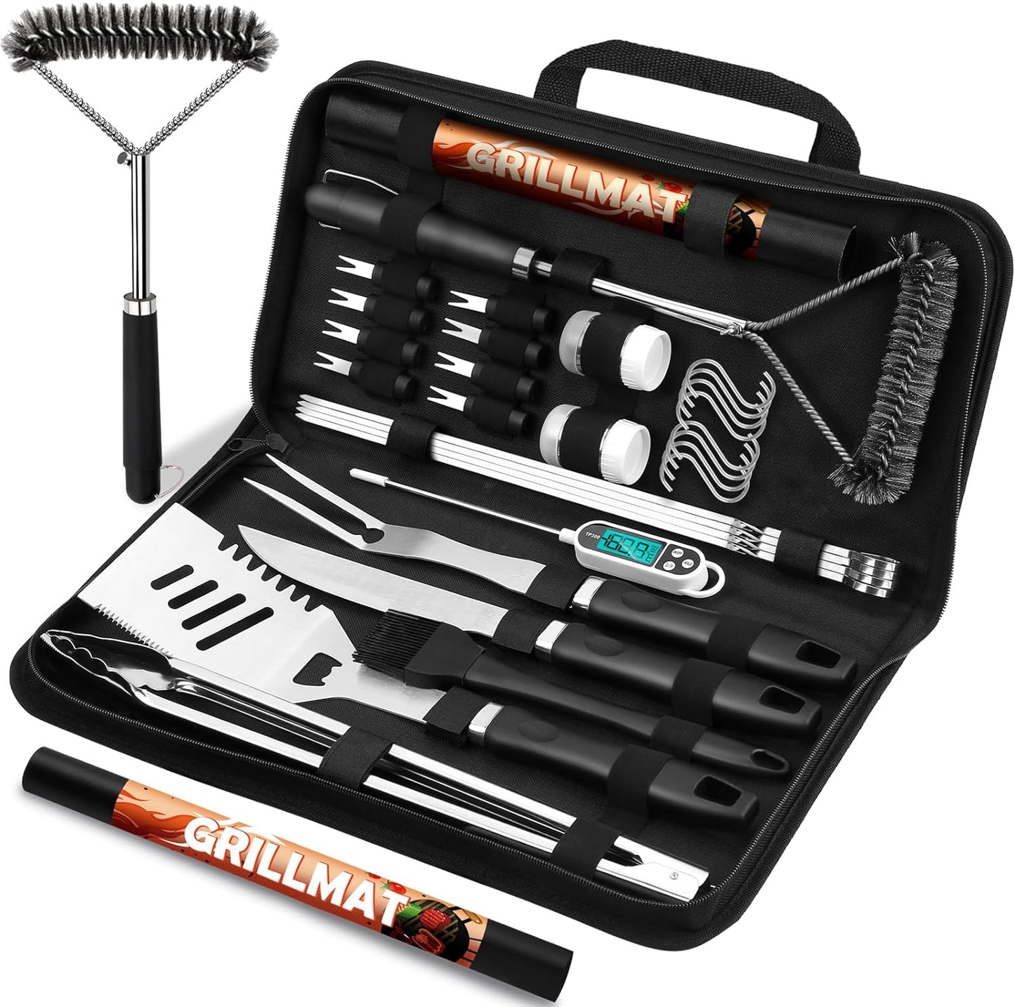 RINPIR 31pcs BBQ Grill Accessories Gifts for Men Dad, Heavy Duty Grilling Tools Gift Set for Father‘s Day, Stainless Steel BBQ Utensils Kit with Mats, Grill Brush in Carrying Bag Brown
