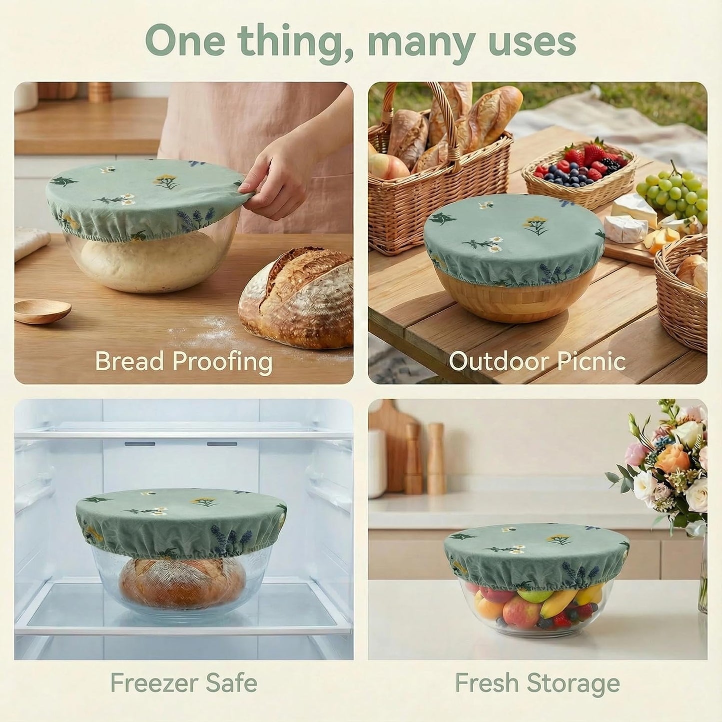 Reusable Bowl Covers (Set of 4) - Breathable Cotton Linen Sourdough Accessories - Elastic Durable Fabric Food Lids for Proofing Baskets & Bread Baking Supplies (Sage Green)