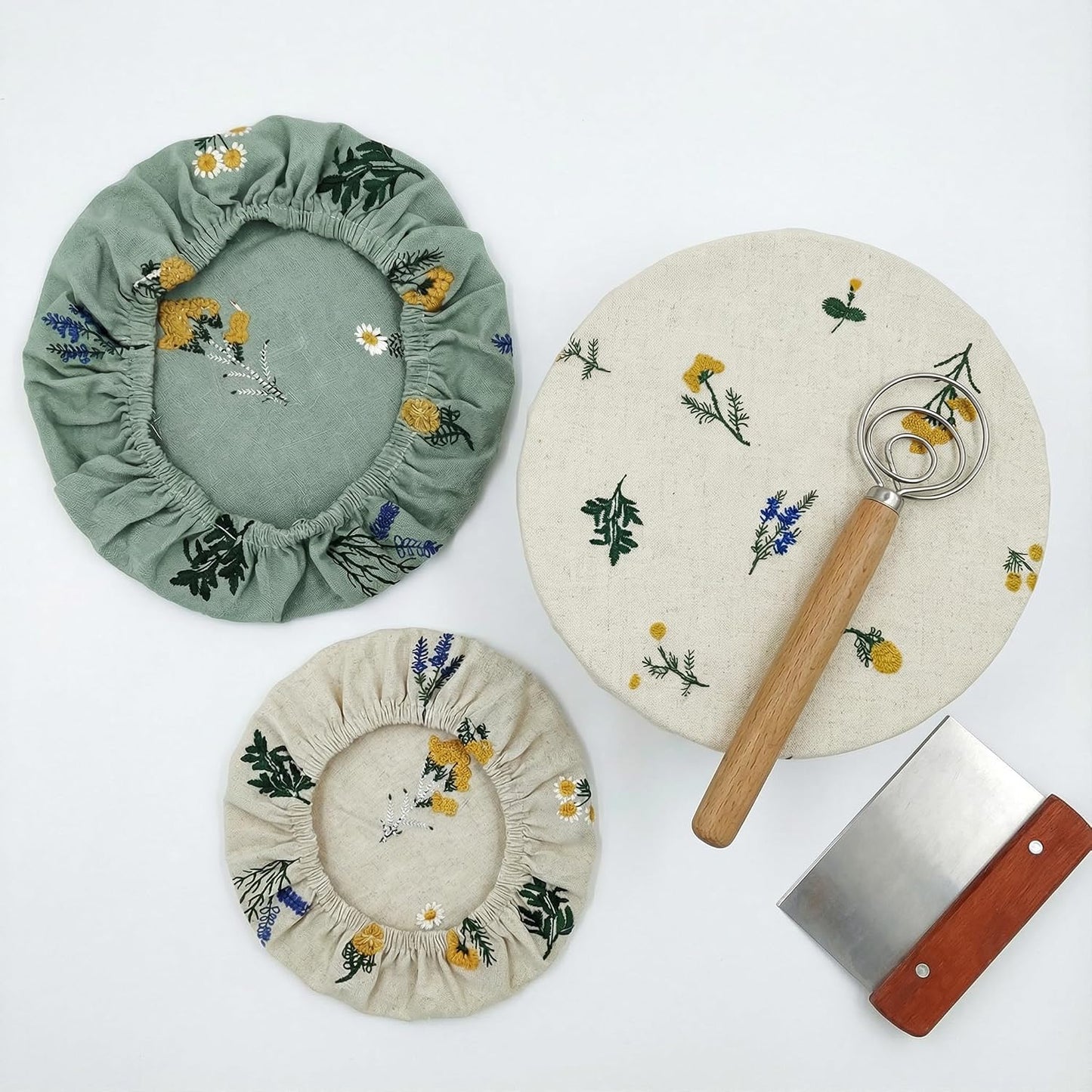Reusable Bowl Covers (Set of 4) - Breathable Cotton Linen Sourdough Accessories - Elastic Durable Fabric Food Lids for Proofing Baskets & Bread Baking Supplies (Sage Green)