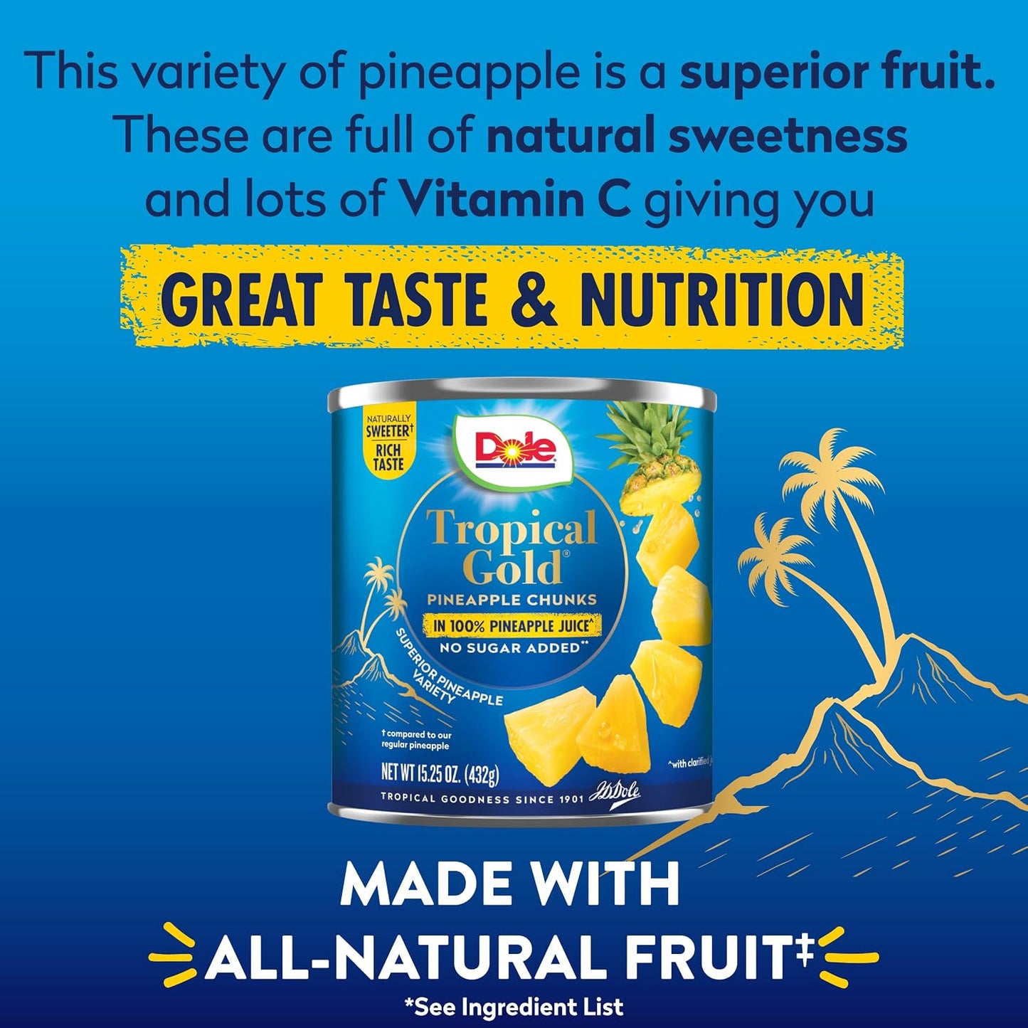 Dole Tropical Gold Pineapple Chunks in 100% Pineapple Juice, 15.25 Oz, 12 Count, Gluten Free, No Sugar Added