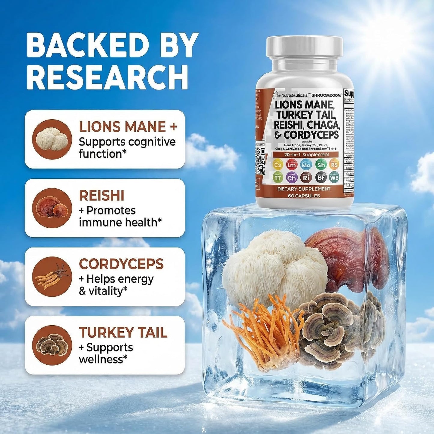 Clean Nutraceuticals Lions Mane 20in1 Mushroom Supplement with Turkey Tail Reishi Cordyceps Chaga Maitake Meshima Poria Cocos Shiitake Oyster Porcini Enoki - 1 Pack