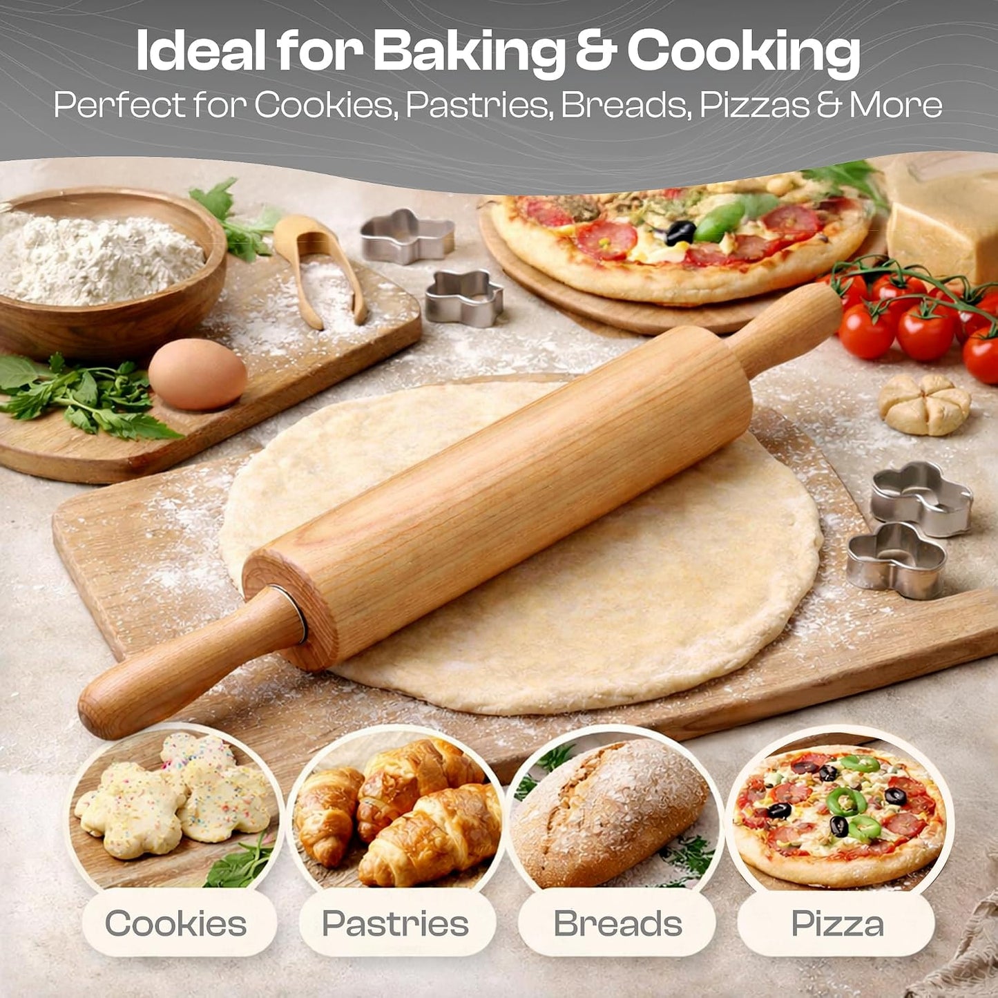 Wooden Rolling Pin, Beech Wood, 17.6" Dough Roller for Baking | Ergonomic Handles, Nylon Bearings, Baking Pizza, Bread & Cookies, Pasta, Dough Roller