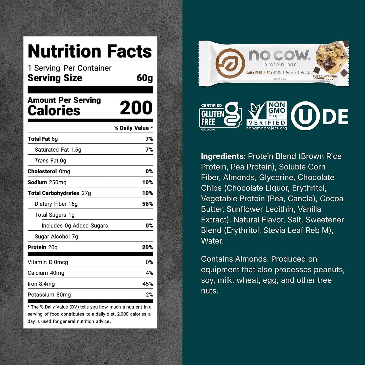 No Cow Vegan Protein Bars, Upgraded Chocolate Chip Cookie Dough, 20g Plant Based Protein, Gluten Free, Dairy Free, Soy Free, Keto Friendly, Low Sugar, High Fiber Snack Bars, Pack of 12
