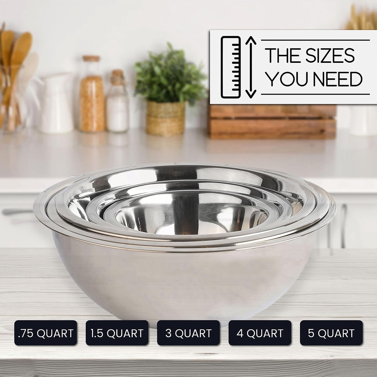 WHYSKO Stainless Steel Mixing Bowls Set, 5-Piece Meal Prep & Food Storage | .75, 1.5, 3, 4 & 5 Quart Metal Mixing Bowls Set for Prep, Serving, Baking & Food Storage, Ecofriendly, Dishwasher Safe