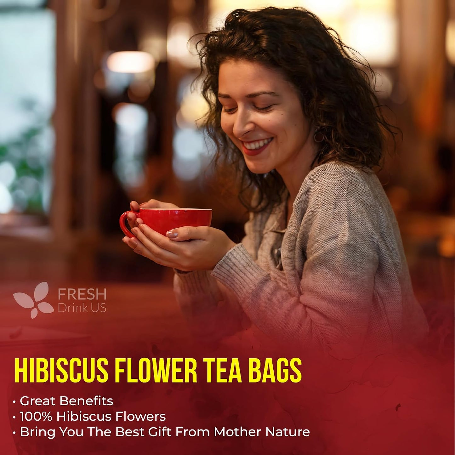 100% Natural Hibiscus Flowers Tea Bags, Loose Flower Herbal Tea, No Sugar, No Caffeine, No Gluten, Vegan