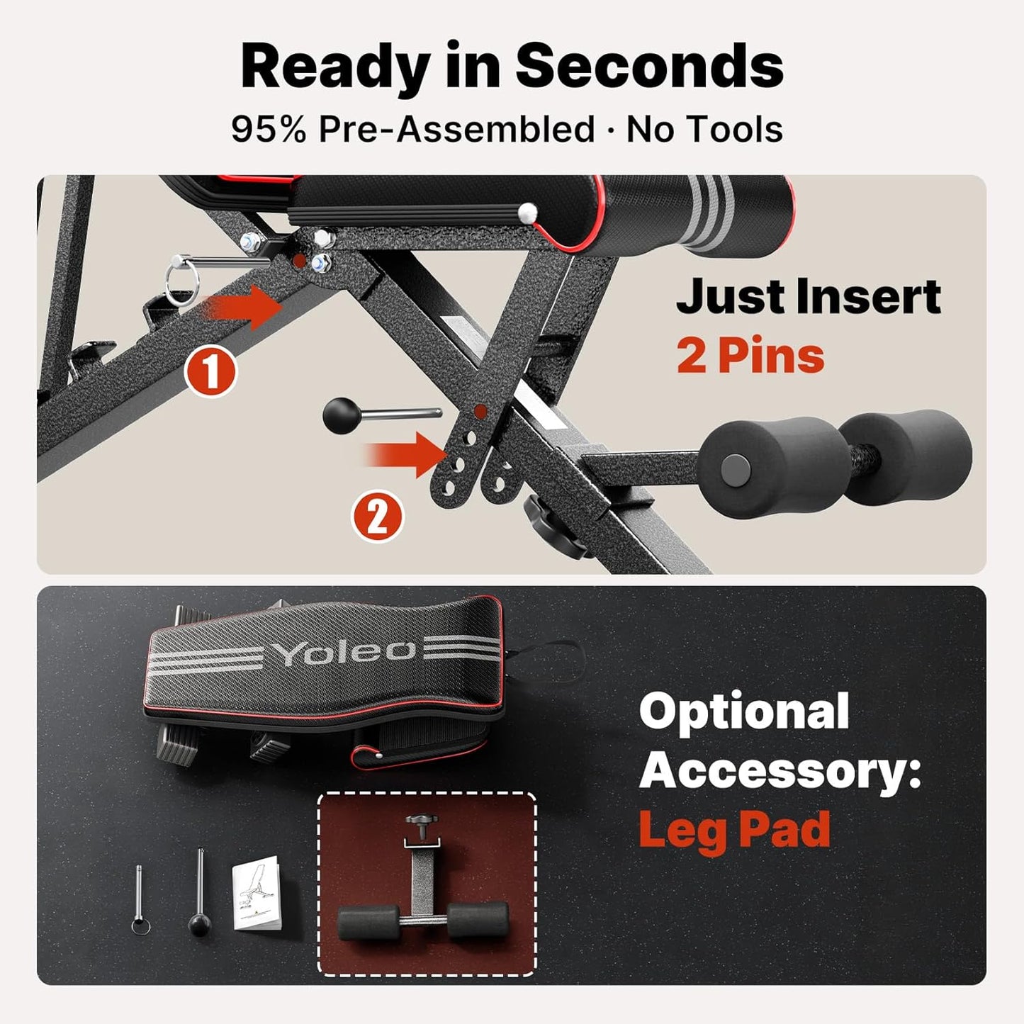 YOLEO Adjustable Weight Bench, ASTM-Certified 827LBS, 95% Pre-Assembled, Foldable Gym Bench