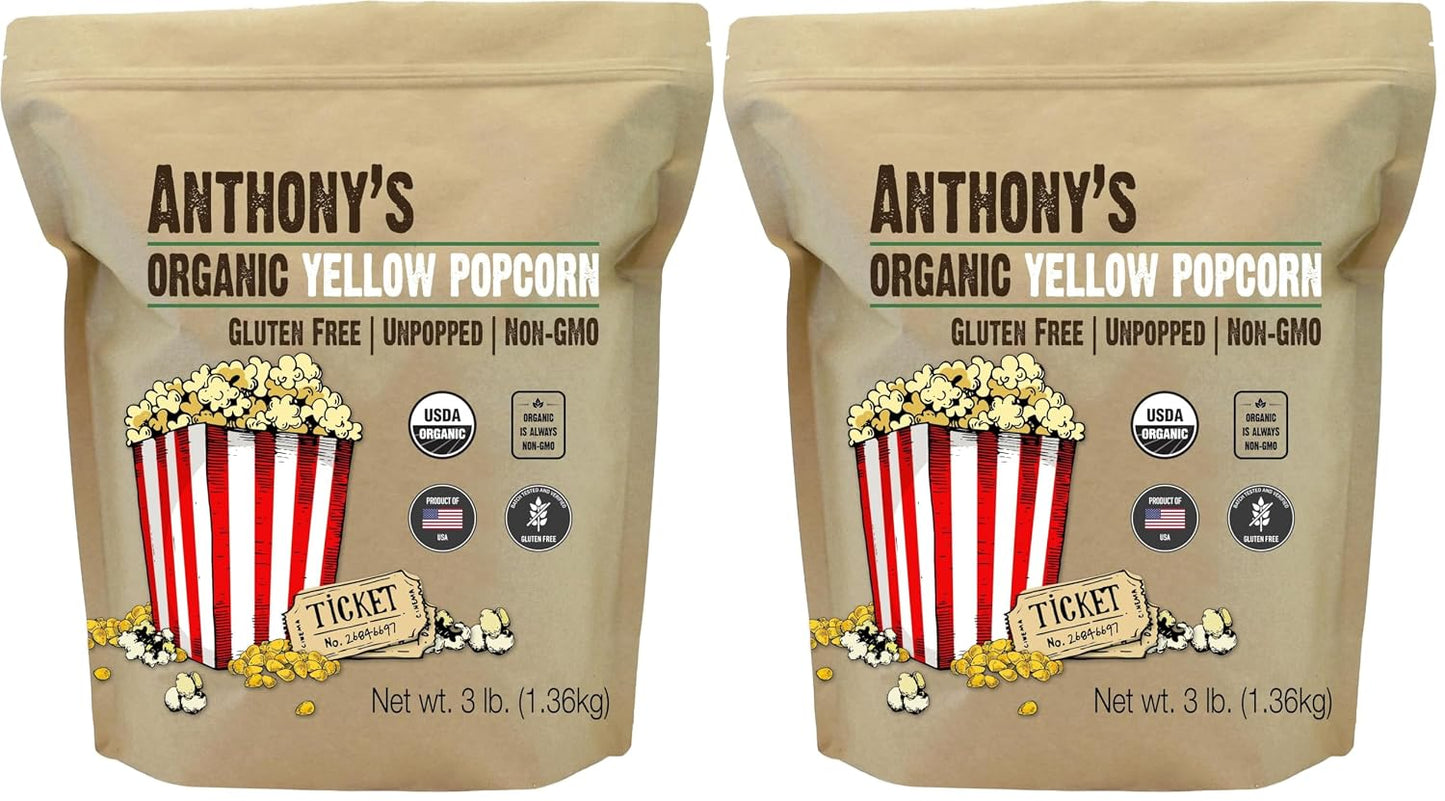 Anthony's Organic Yellow Popcorn Kernels, 3 lb, UnPopped, Gluten Free, Non GMO