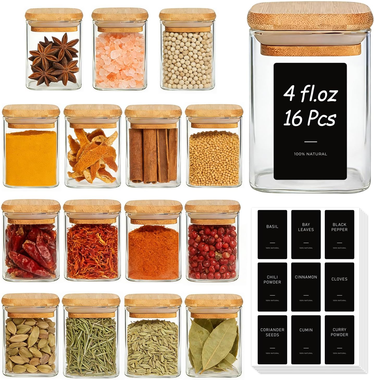 ComSaf Glass Pantry Storage Containers (0.7Qt/1.2Qt/1.6Qt) Set of 6, Square | Glass Storage Containers with Lids, Kitchen Canisters, Pantry Jar, Bamboo Lid with Silicone Seal, Flour Cereal Tea, BPA Free