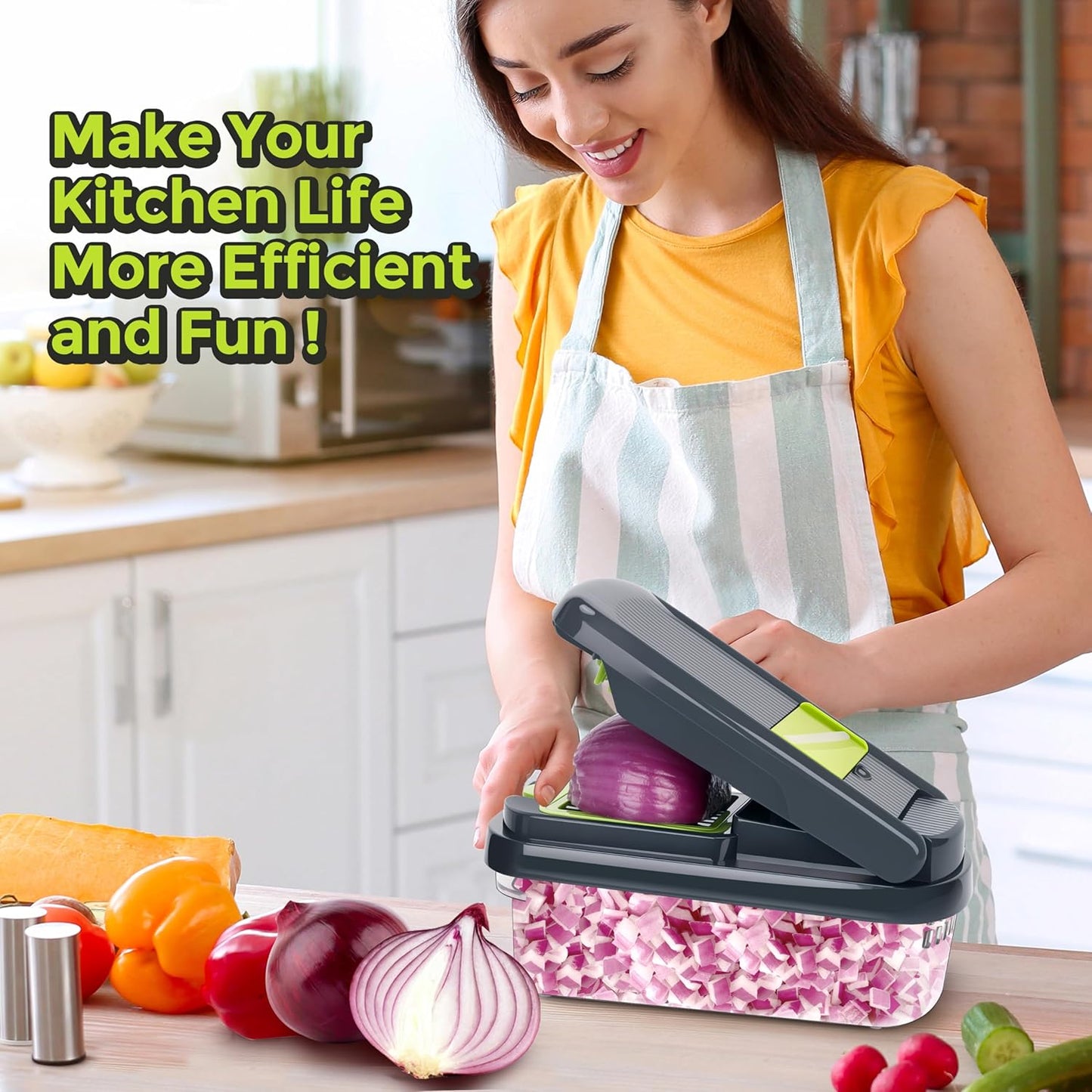 Yusshn Vegetable Chopper, 12-in-1 Food Veggie Chopper Cutter with Container | 7 Sharp Blades Dice, Slice, Shred and Grate for Salads, Onions and Meal Prep, with a Non-Slip Base and Drain Basket