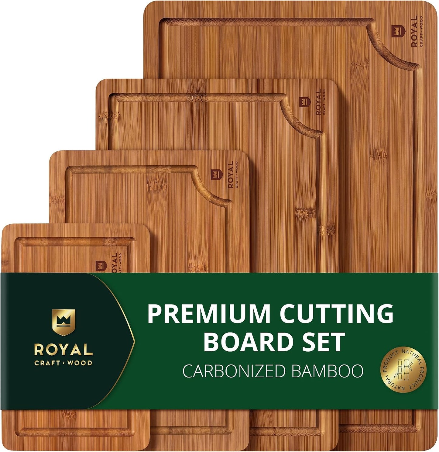ROYAL CRAFT WOOD Wooden Cutting Boards for Kitchen Meal Prep & Serving - Bamboo Non Toxic Cutting Board Set with Deep Juice Groove Side Handles - Charcuterie & Chopping Butcher Block for Meat (3 Pcs)