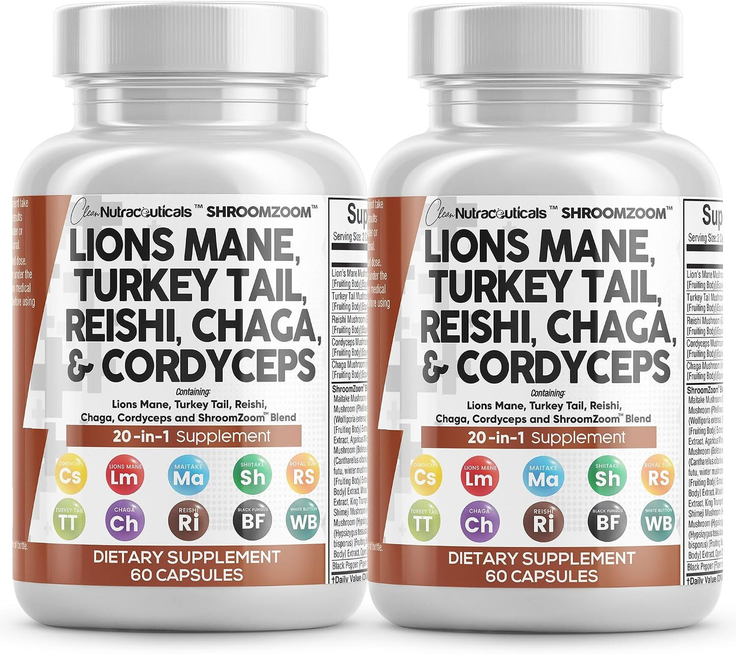 Clean Nutraceuticals Lions Mane 20in1 Mushroom Supplement with Turkey Tail Reishi Cordyceps Chaga Maitake Meshima Poria Cocos Shiitake Oyster Porcini Enoki - 1 Pack