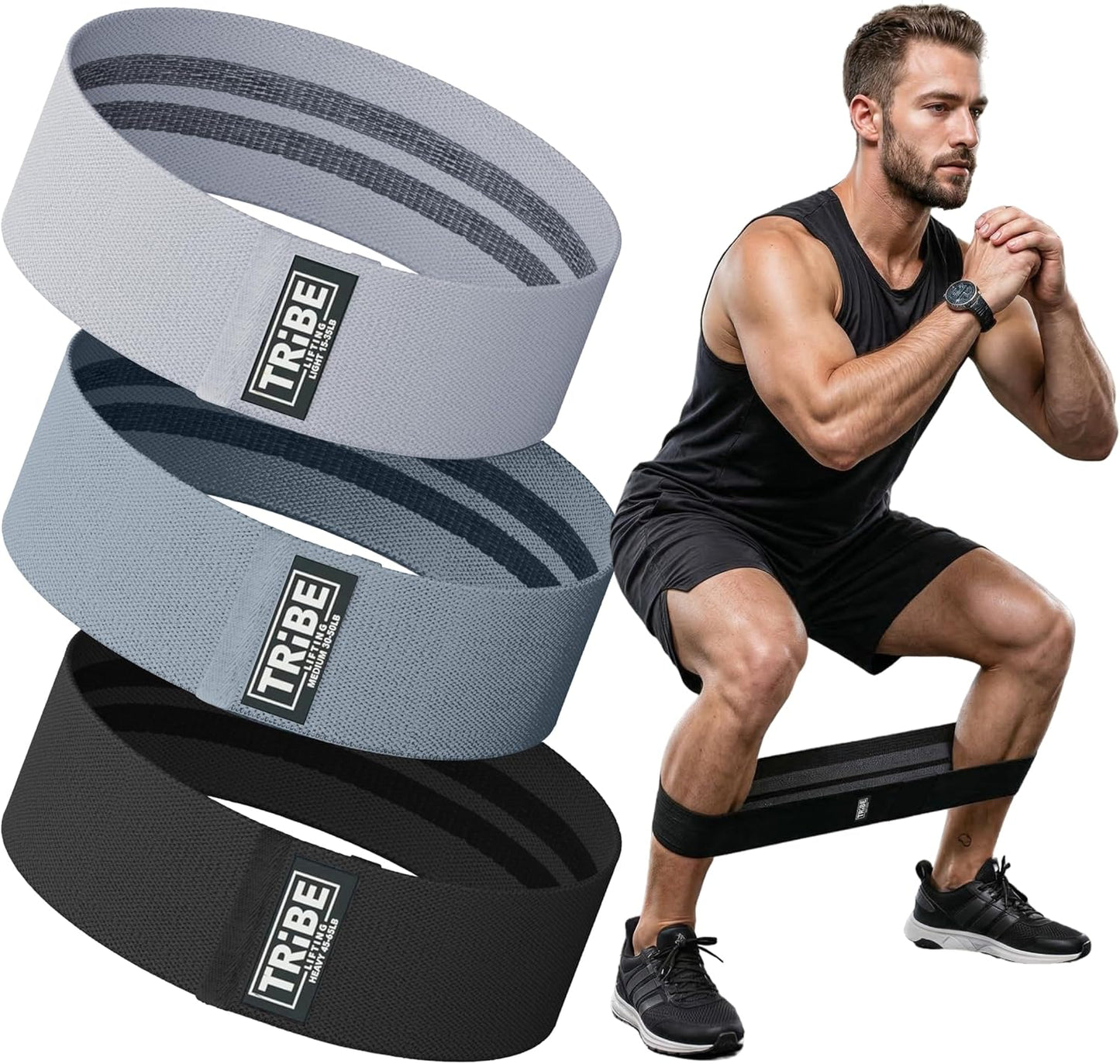 Tribe Fabric Resistance Bands - 3 Pack for Workout, Booty, Legs & Glute - Non-Slip Exercise Bands