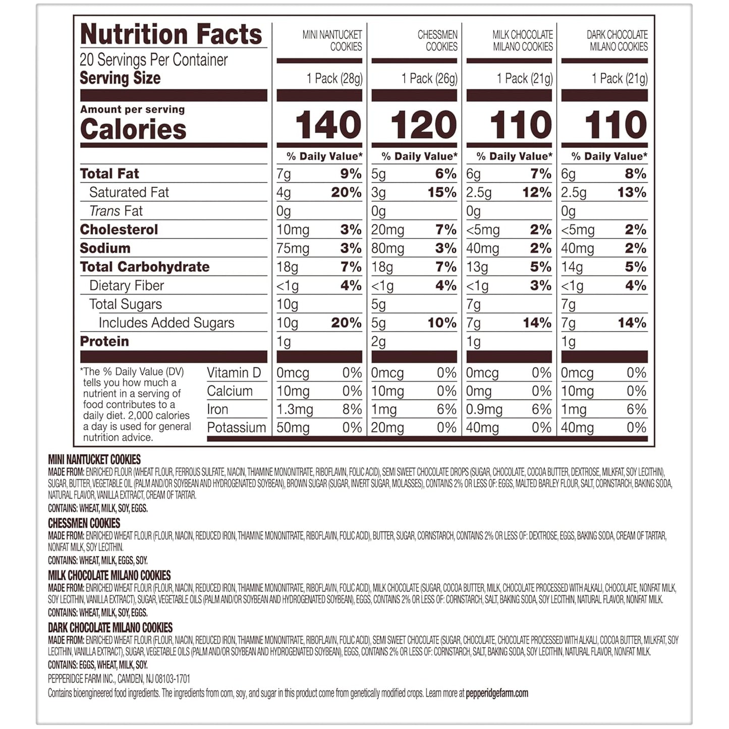 Pepperidge Farm Cookies Variety Pack, 20 Snack Packs, Assorted Flavors