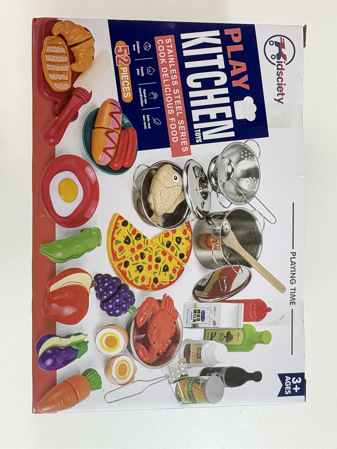 Kidsciety Pretend Play Kitchen Accessories, 52pc Kids Kitchen Playset with Play Food, Stainless Steel Cookware, Kitchen Toys Pots and Pans, Kids Kitchen Set with Cuttable Toy Food, Boys Girls Gift