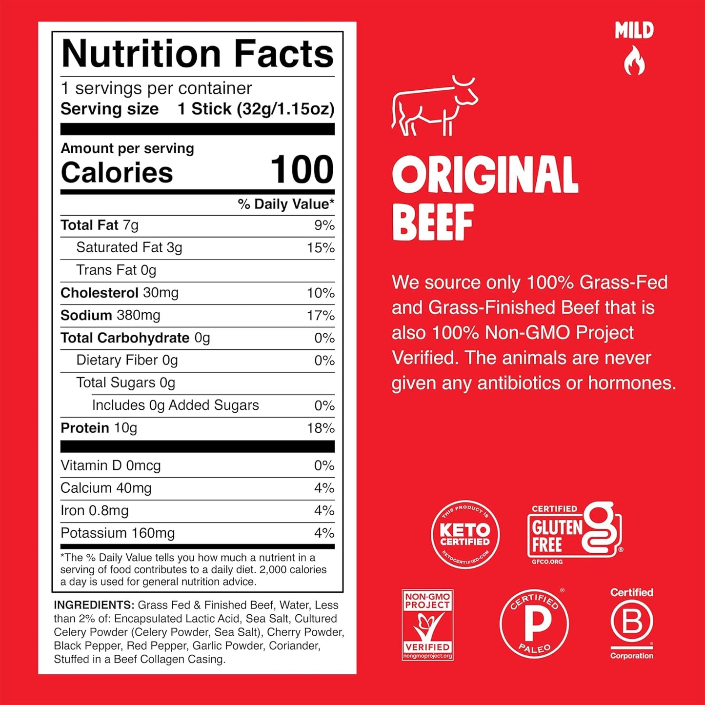 Chomps Grass-Fed Beef Jerky Snack Sticks 10-Pack, 10g Protein, Gluten-Free, Zero Sugar