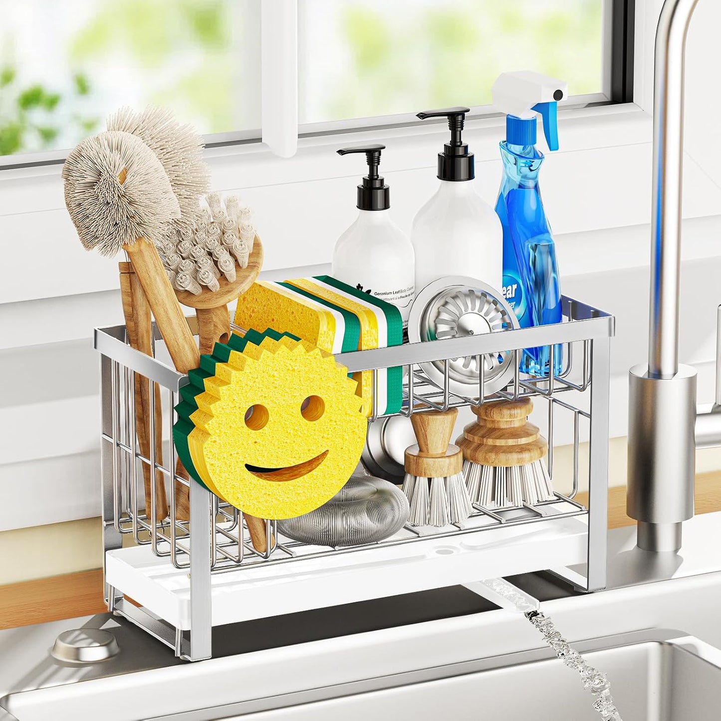 Sponge Holder for Kitchen Sink,Smiley Face Sink Caddy with Removable Brush Holder,Self-Draining Sponge Caddy for Sponge,Soap,Dish Brush,Scrubber,Kitchen Essentials and Gadgets