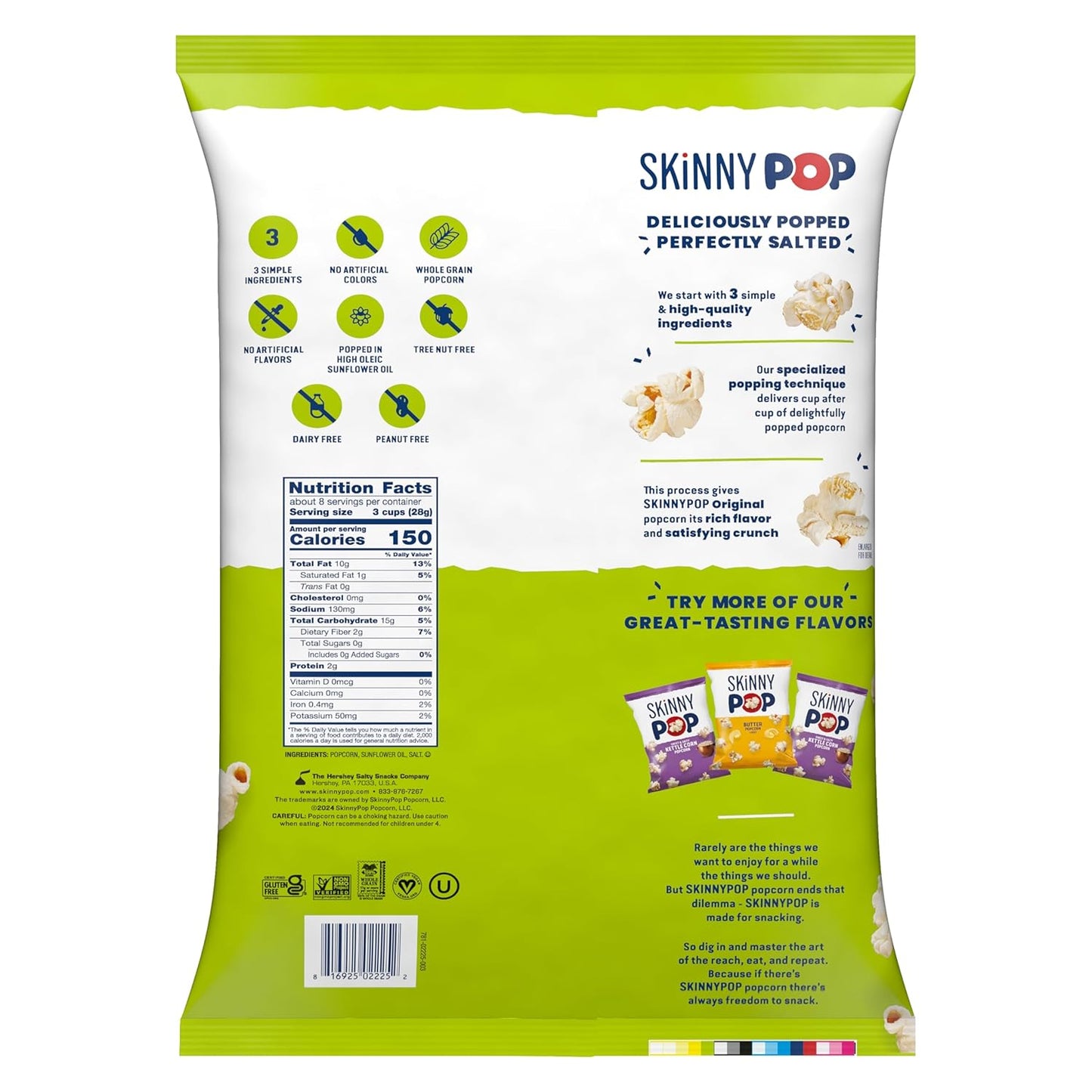 SkinnyPop Popcorn, Original, Whole Grain, Dairy-Free Snack, 8oz Family Size Bags (6ct)