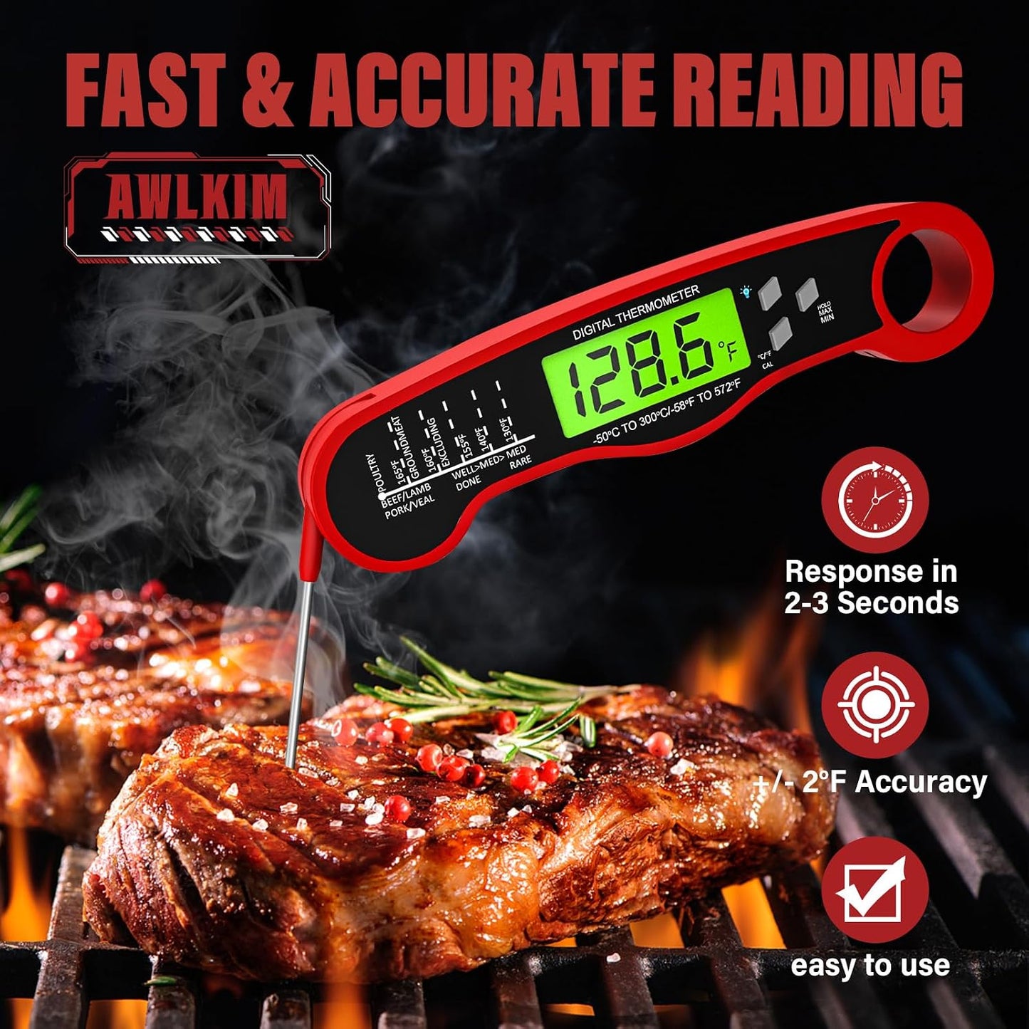 AWLKIM Meat Thermometer Digital, Instant Read Food Thermometer, Red | Waterproof cooking thermometer with doneness chart, backlight, F/C switch for BBQ, candy, oil