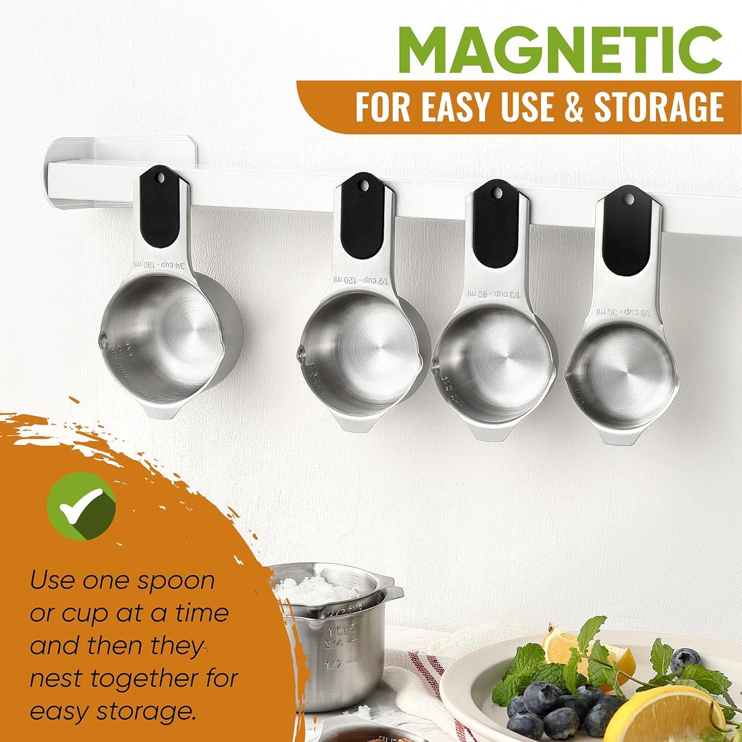 Spring Chef Magnetic Measuring Cups & Spoons Set of 15, Patented, Black | Stackable Stainless Steel Measuring Cups & Heavy Duty Metal Measuring Spoons with Levelers for Dry & Liquid Ingredients