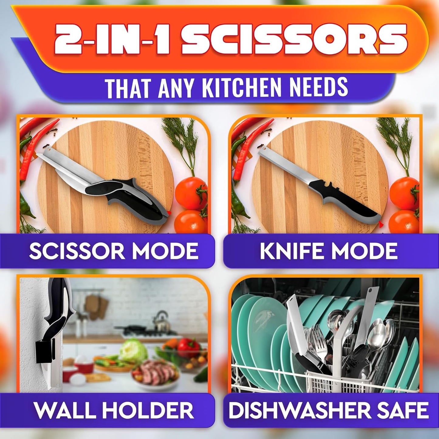 2 in 1 Kitchen Scissors for Food with Cutting Board, Safety Lock | Stainless Steel Cutting Board Scissors for Veggies, Fruit & Cheese; 9.5" Detachable Blade; Dishwasher Safe Tomato Knife