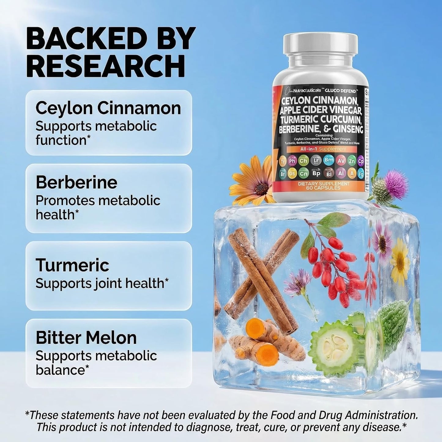 Clean Nutraceuticals Ceylon Cinnamon Capsules with Berberine Turmeric and Apple Cider Vinegar Supplement