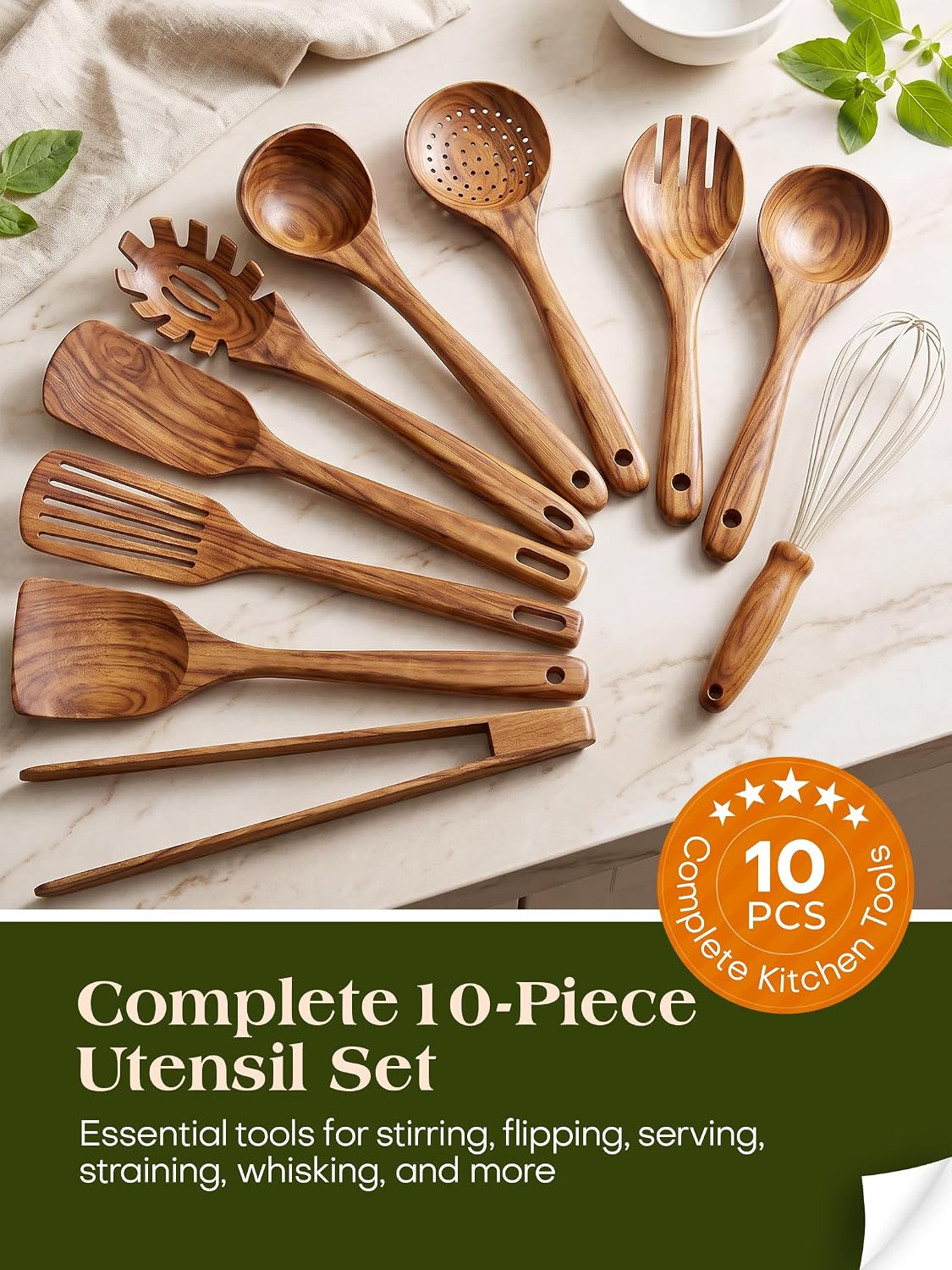 10 Pack Wooden Utensils for Cooking, Wood Utensil Set for Kitchen, Teak Wooden Spoon for Cooking, Non-Stick Spatula Ladle