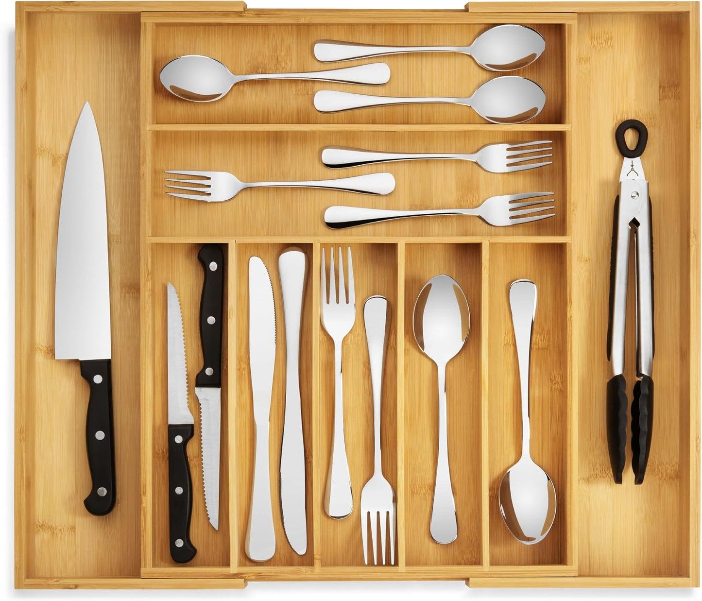 Purawood Kitchen Drawer Organizer - Expandable Utensil Drawer Organizer for Kitchen, Cutlery Tray & Silverware Organizer, 3-5 Slots - Bamboo Organizer for Utensils & Flatware (Natural)