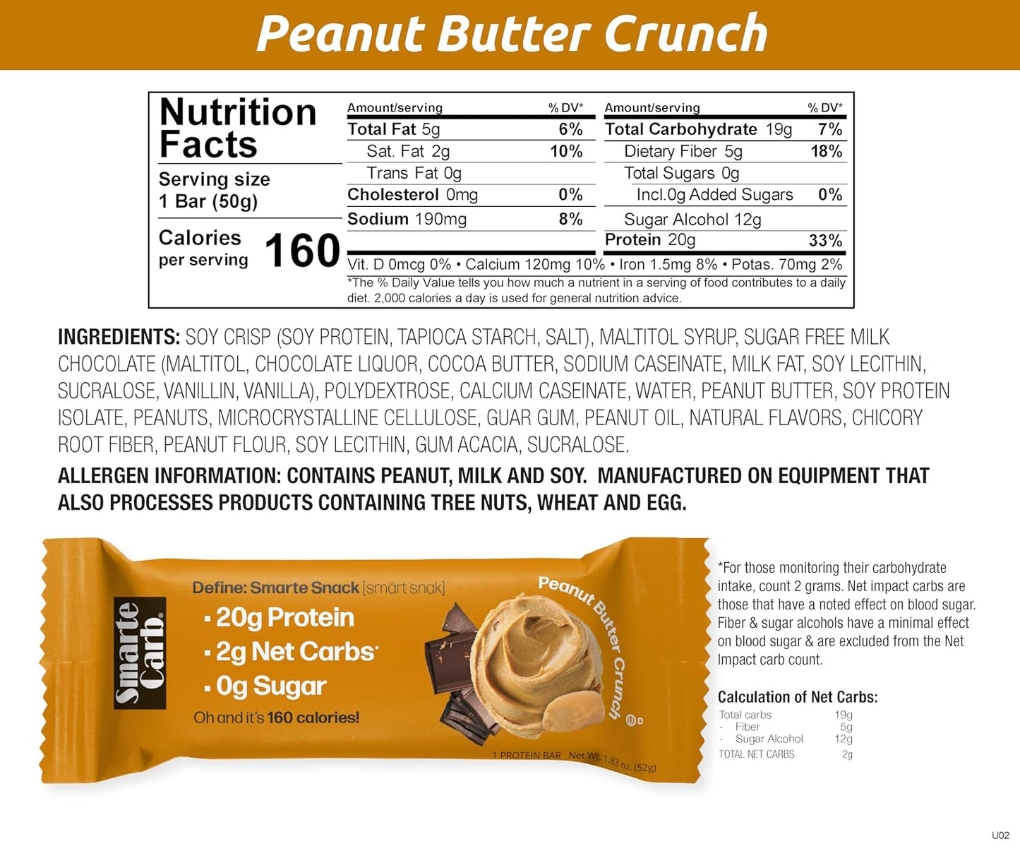 NuGo Smarte Carb protein bars with 20g protein, 0g sugar, 2g net carbs, 160 calories, brown sugar free peanut butter crunch, 12 count