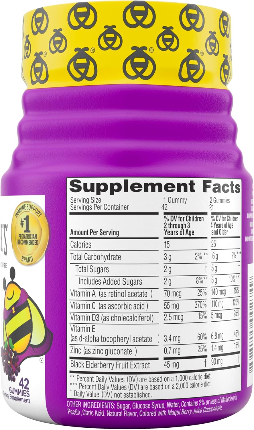 Zarbee’s Elderberry Gummies for Kids, Immune Support Supplement with Vitamins A, C, D3, E, & Zinc, Gluten & Gelatin Free, No Artificial Flavors, Natural Berry Flavor, Ages 2+, 42 ct