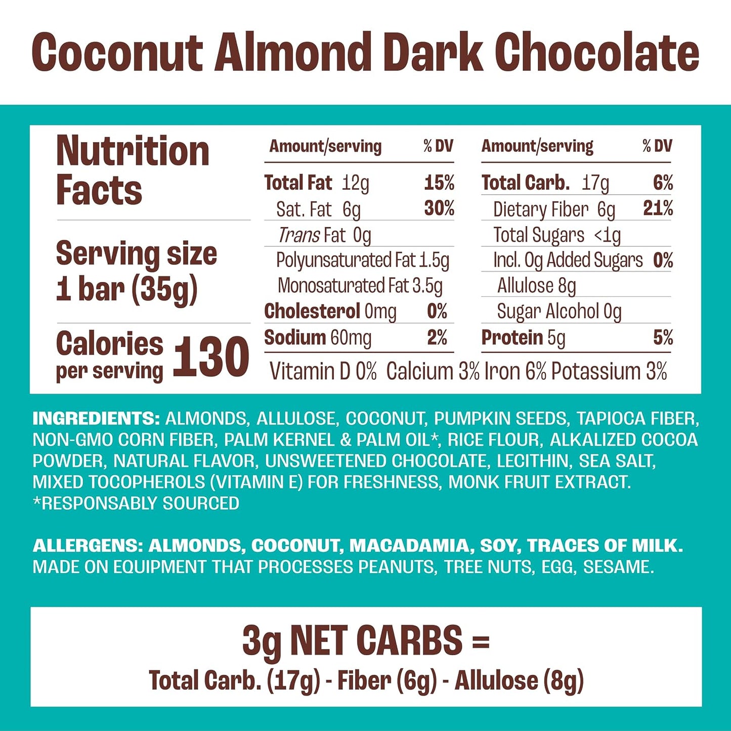 Munk Pack Coconut Almond Dark Chocolate Nut Bars, 12 Count, Gluten Free, Keto, Low Carb, 5g Fiber, Plant Protein