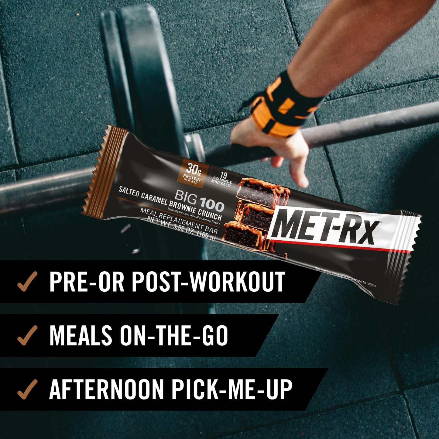 MET-Rx Big 100 Protein Bar, 30G Protein, 9 Count, 3.52 Oz, Salted Caramel Brownie Crunch