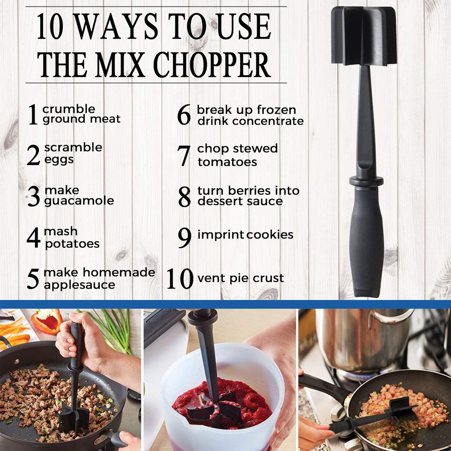 Meat Chopper Ground Beef Masher Tool for Hamburger | 5 Curve Blades Heat Resistant Meat Masher Tool, Turkey and More, Nylon Hamburger Chopper Utensil Non-scratch Utensils-Black