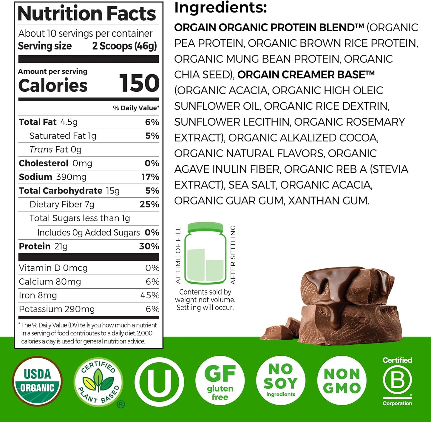 Orgain Organic Vegan Protein Powder, Creamy Chocolate Fudge - 21g Plant Protein, 7g Prebiotic Fiber, Low Net Carb, No Lactose Ingredients, No Added Sugar, Non-GMO, For Shakes & Smoothies, 1.02 lb
