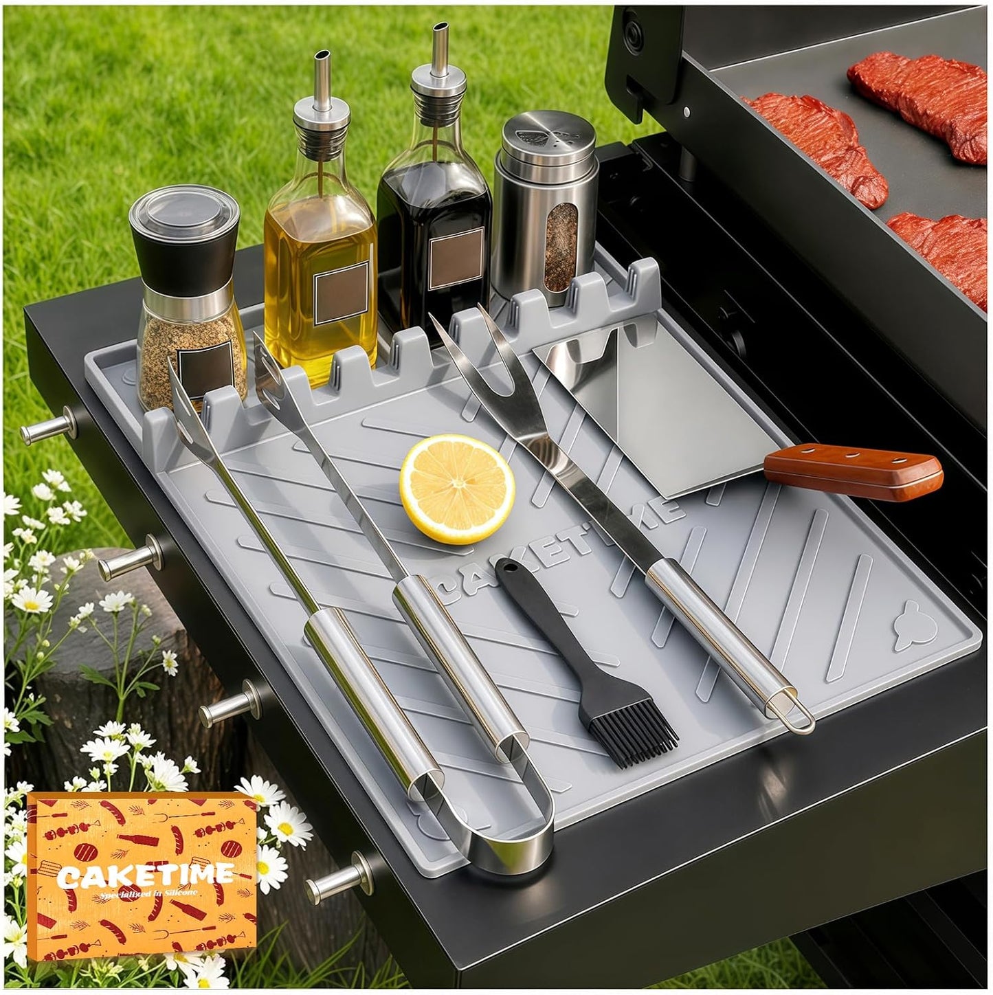 CAKETIME Silicone Grill Mats for Blackstone Griddle Accessories Baking Cooking Kitchen BBQ Must Haves Countertop Weber Traeger Stove Outdoor Camping Lawn Orange Father Dad Chef Men Gifts