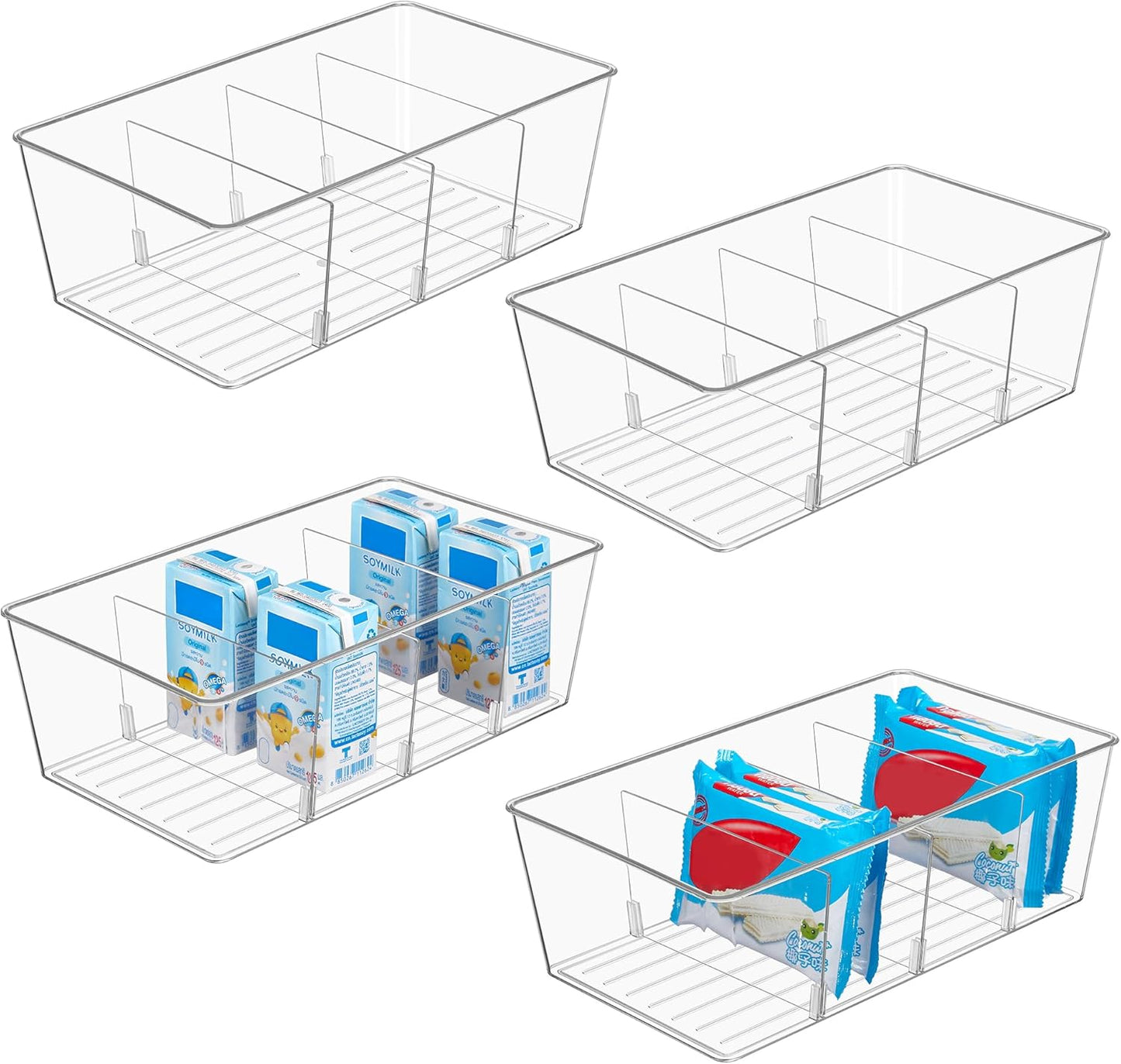 Vtopmart 8 Pack Food Storage Organizer Bins, Clear Plastic Bins for Pantry, Kitchen, Fridge, Cabinet Organization and Storage, 4 Compartment Holder for Packets, Snacks, Pouches, Spice Packets