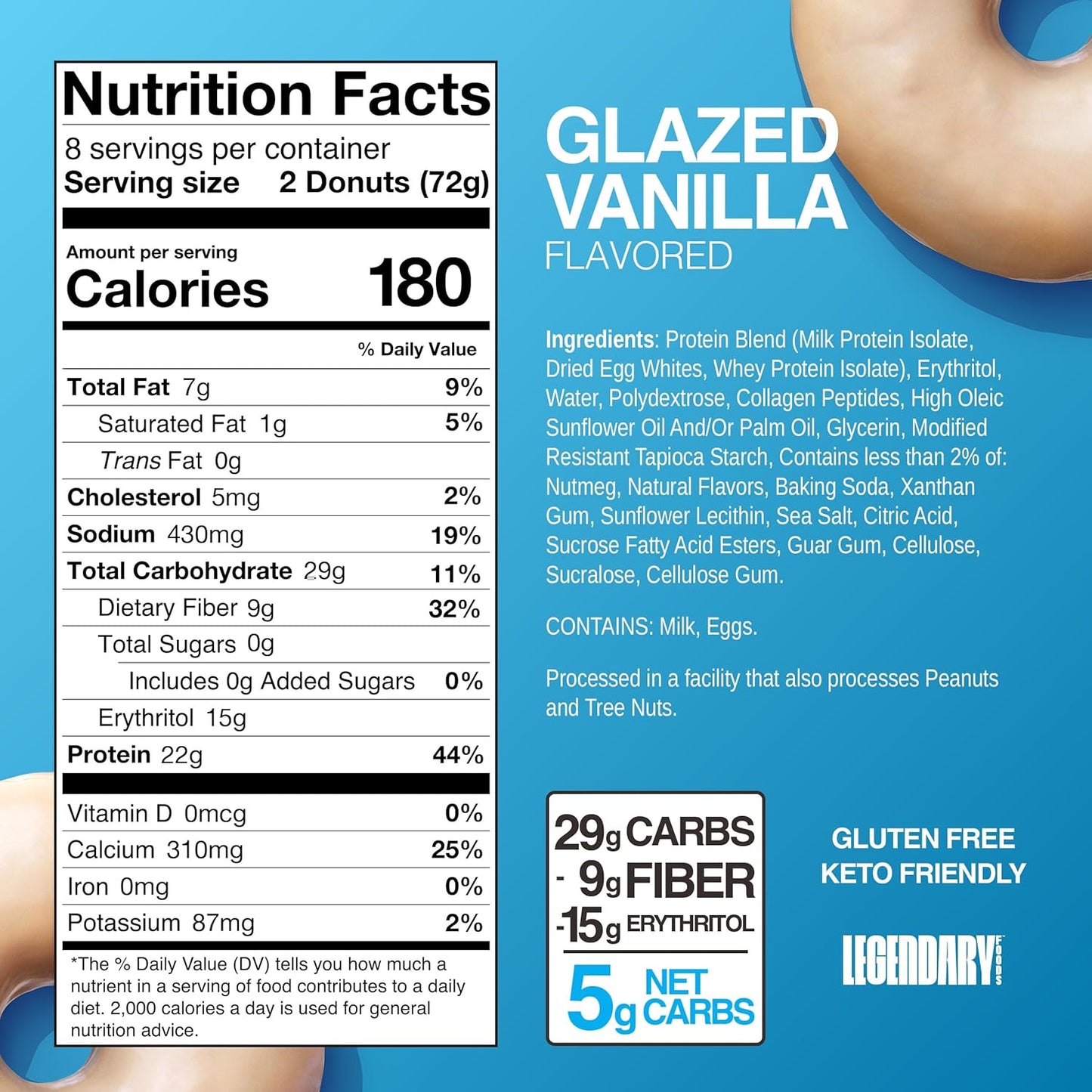 Glazed Vanilla Protein Donuts with 22g Protein, Zero Sugar, Gluten Conscious, Low Carb, Keto Suitable, 8 Pack