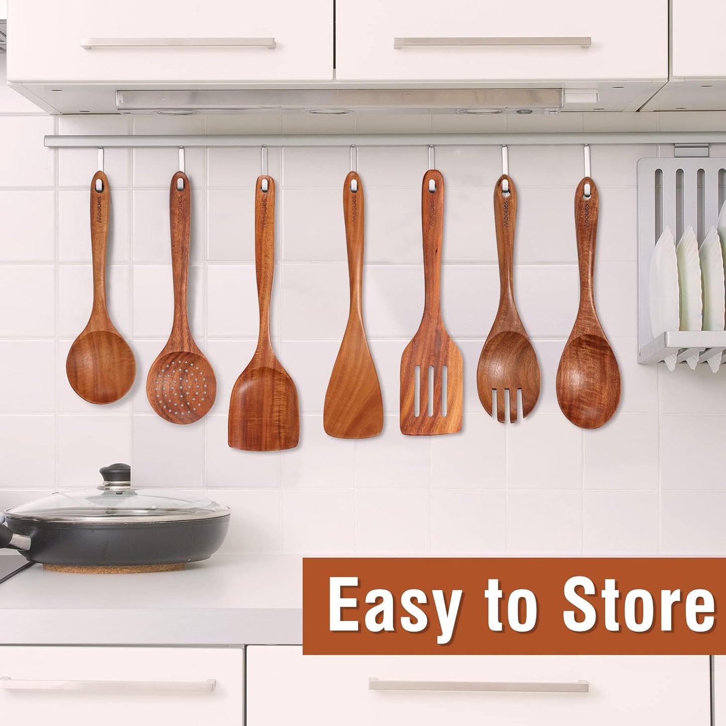 Mooues Wooden Kitchen Utensil Set, 9 Piece Natural Teak with Spoon Rest | Wooden Cooking Utensils with Comfort Grip, Smooth Durable Heat Resistant Cooking Spoons and Utensils Holder for Cooking
