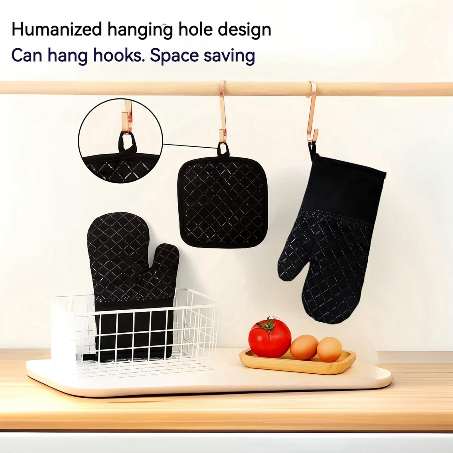 Oven Mitts and Pan Racks 4-Piece Set, Extended Kitchen Oven Mitts and Pan Racks, Heat Resistant 500 °F, Silicone Non-Slip Surface for Baking and Cooking (Black)