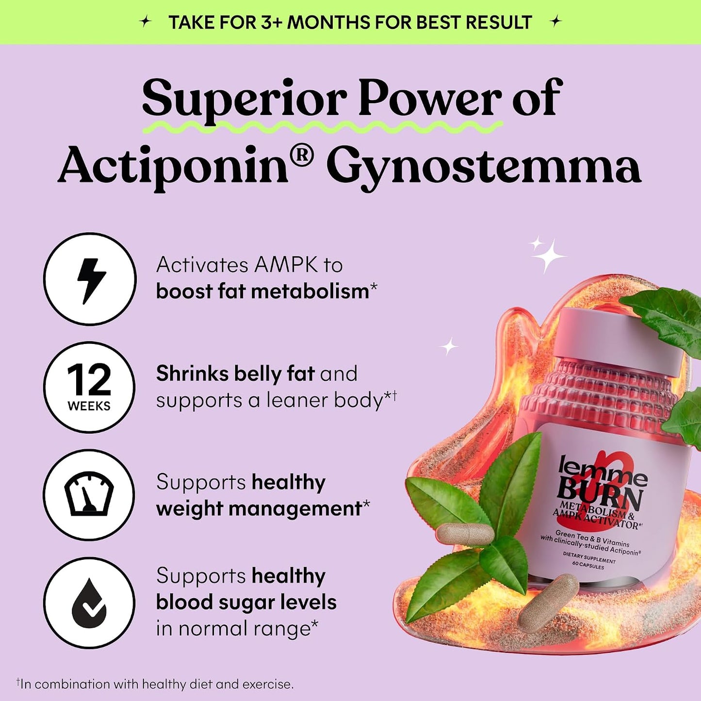 Lemme Burn - Metabolism, Belly Fat Burning + AMPK Activating Supplement for Men & Women w/Clinically Studied Actiponin Gynostemma, Green Tea Extract, Vitamins B6 & B12 - Gluten Free, 60 Count